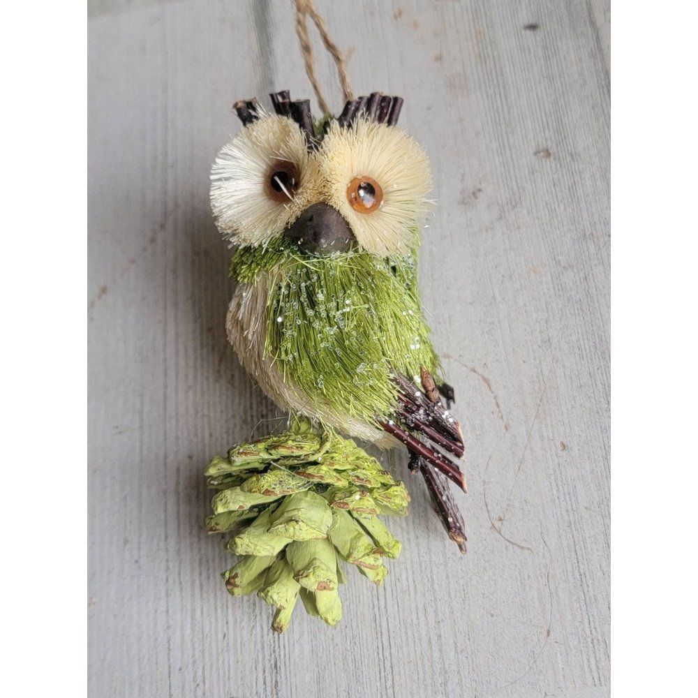 Unique mini Green Owl bristle brush ornament pine cone glitter Xmas‎